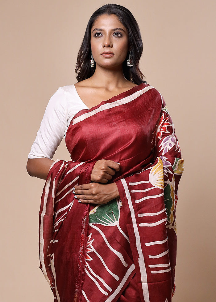 Maroon Printed Pure Silk Saree With Blouse Piece