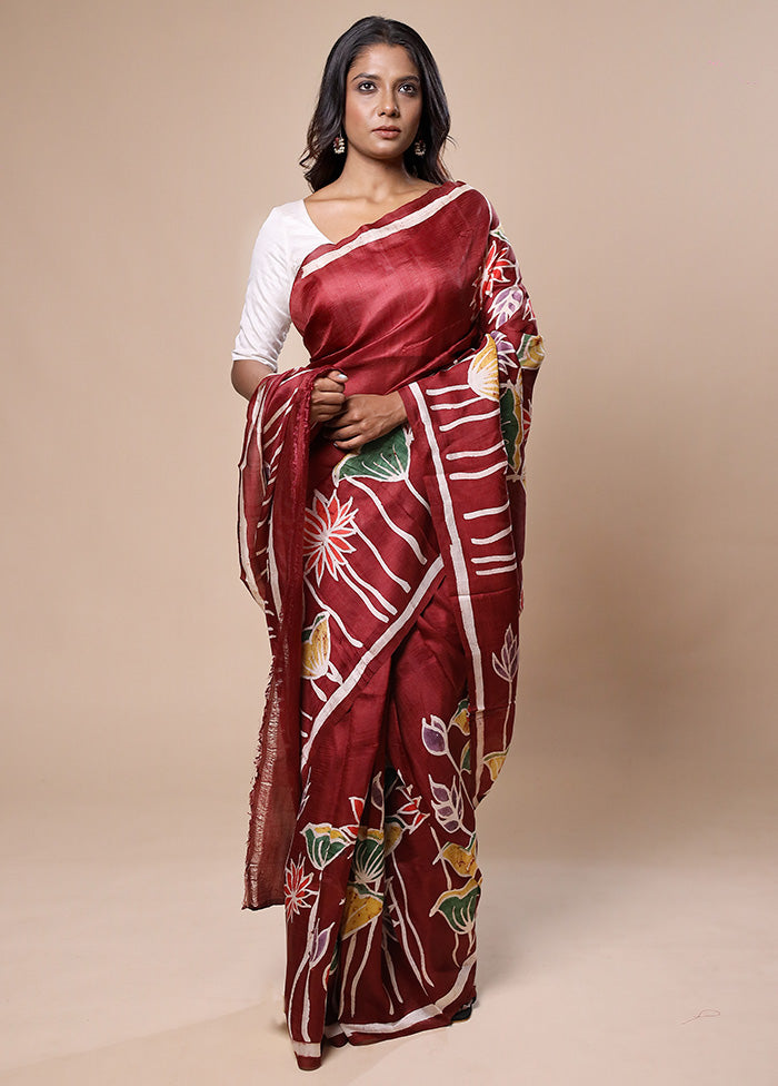 Maroon Printed Pure Silk Saree Without Blouse Piece