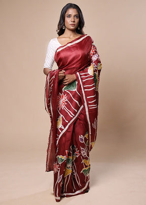 Maroon Printed Pure Silk Saree With Blouse Piece