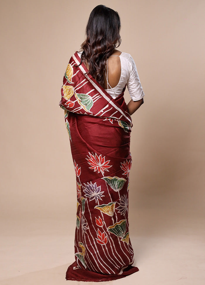 Maroon Printed Pure Silk Saree With Blouse Piece
