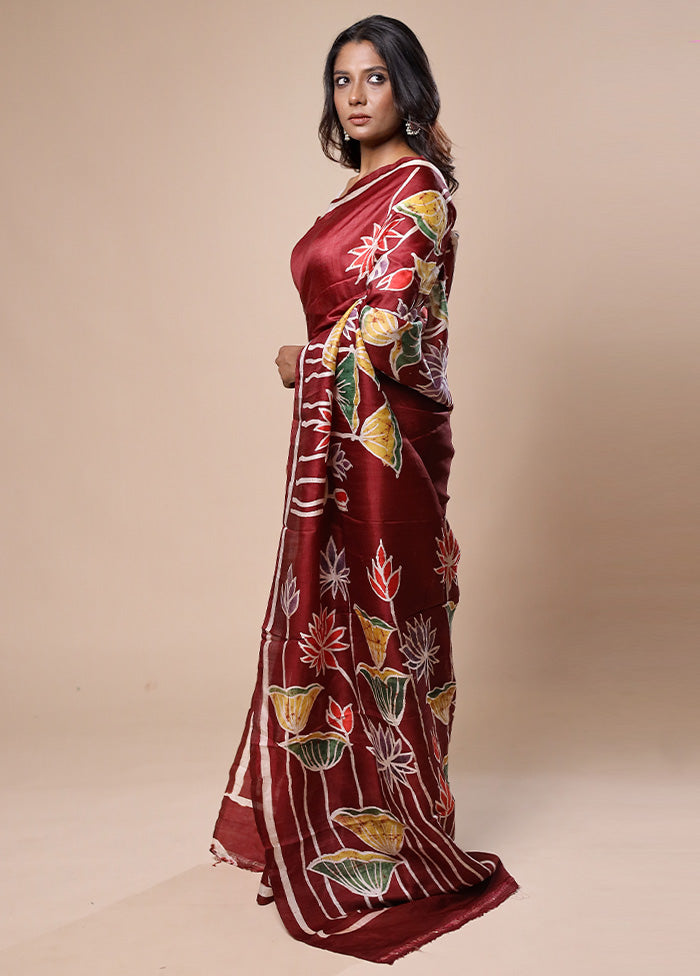 Maroon Printed Pure Silk Saree With Blouse Piece