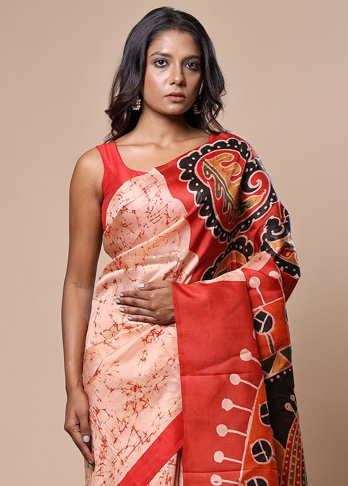 Orange Printed Pure Silk Saree With Blouse Piece