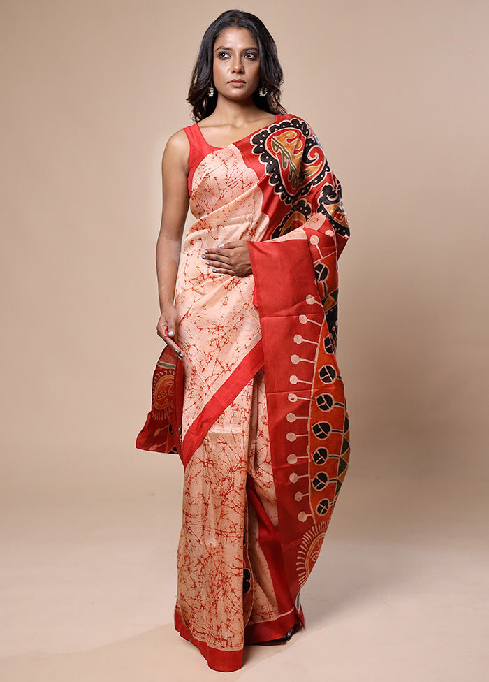 Orange Printed Pure Silk Saree Without Blouse Piece