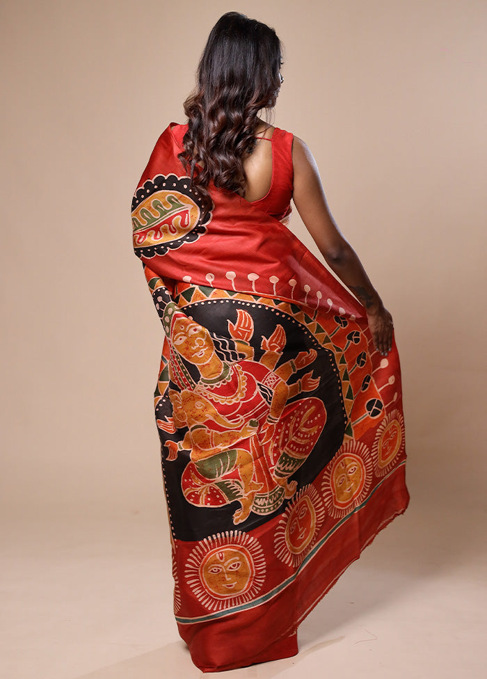 Orange Printed Pure Silk Saree With Blouse Piece
