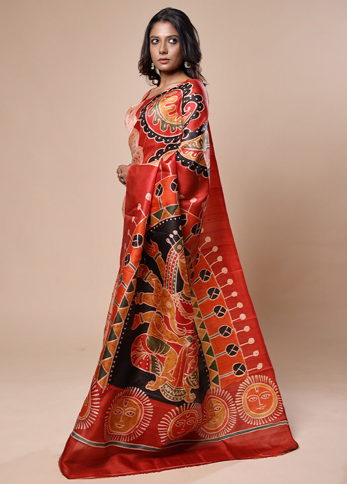 Orange Printed Pure Silk Saree With Blouse Piece