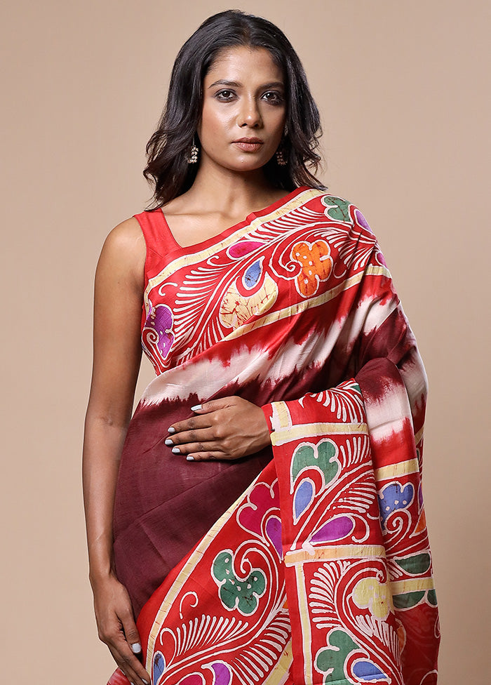 Maroon Printed Pure Silk Saree With Blouse Piece