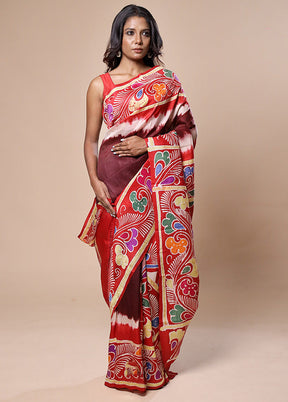 Maroon Printed Pure Silk Saree With Blouse Piece