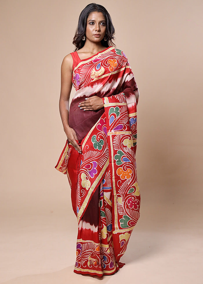 Maroon Printed Pure Silk Saree With Blouse Piece