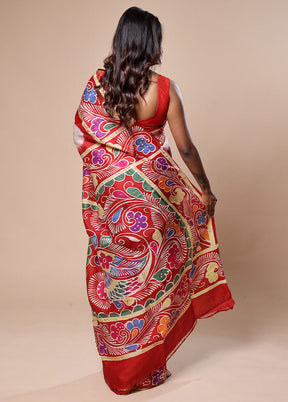 Maroon Printed Pure Silk Saree With Blouse Piece