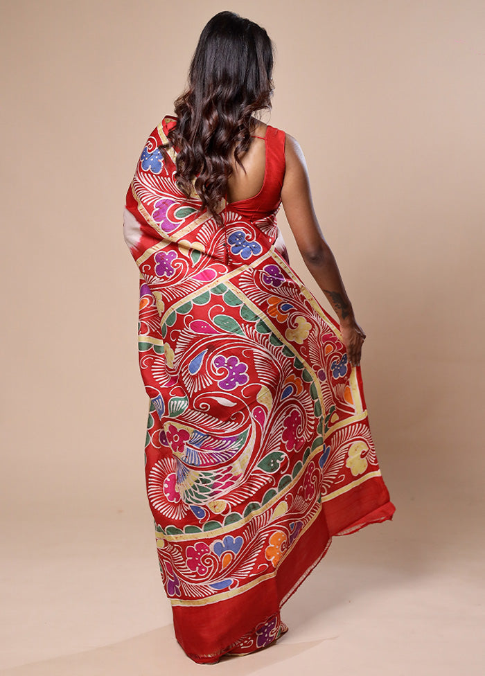 Maroon Printed Pure Silk Saree With Blouse Piece