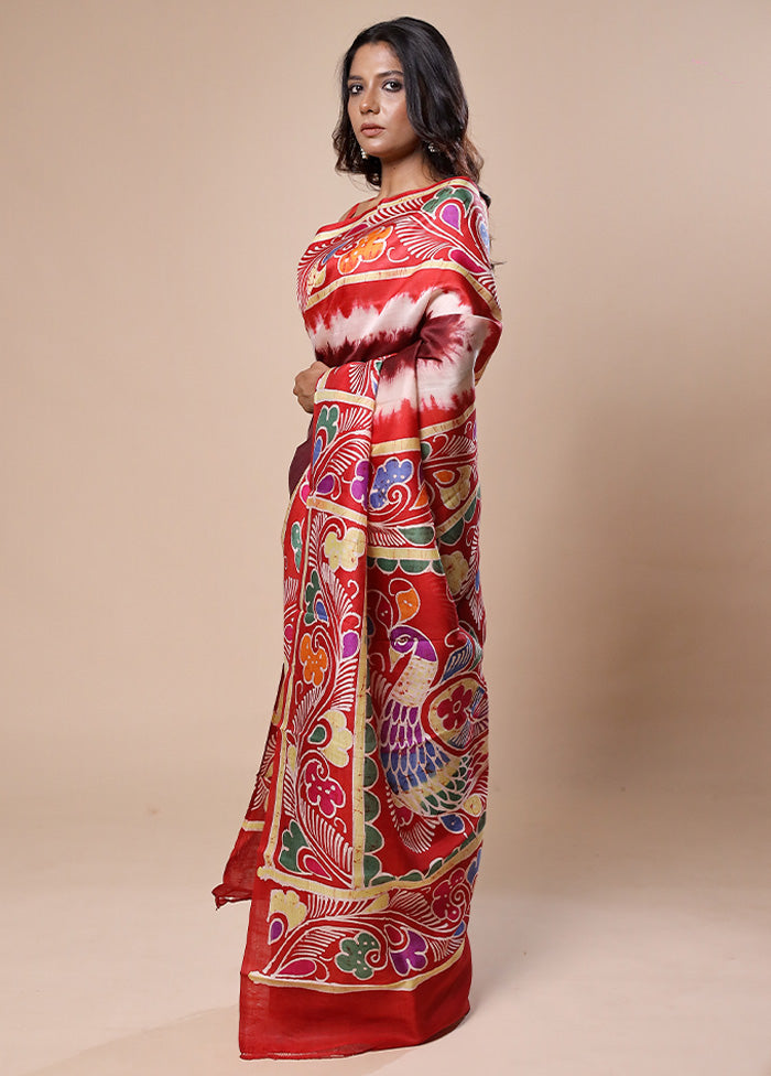 Maroon Printed Pure Silk Saree Without Blouse Piece