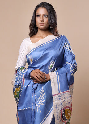 Blue Printed Pure Silk Saree Without Blouse Piece