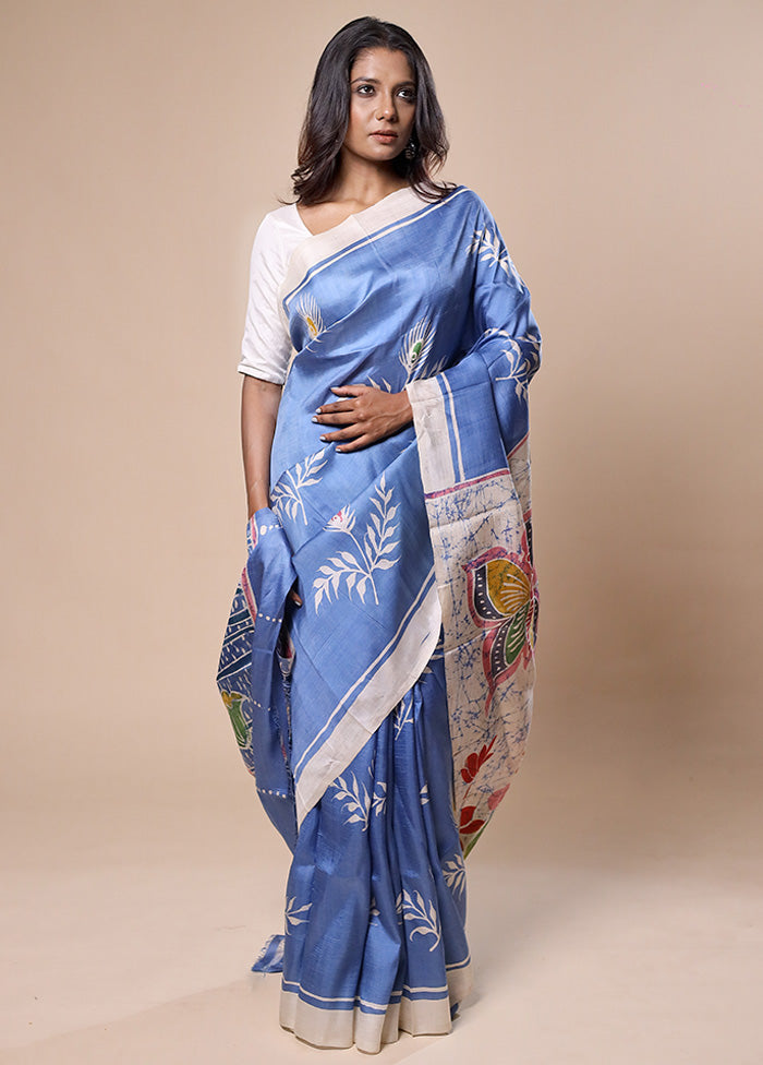 Blue Printed Pure Silk Saree Without Blouse Piece