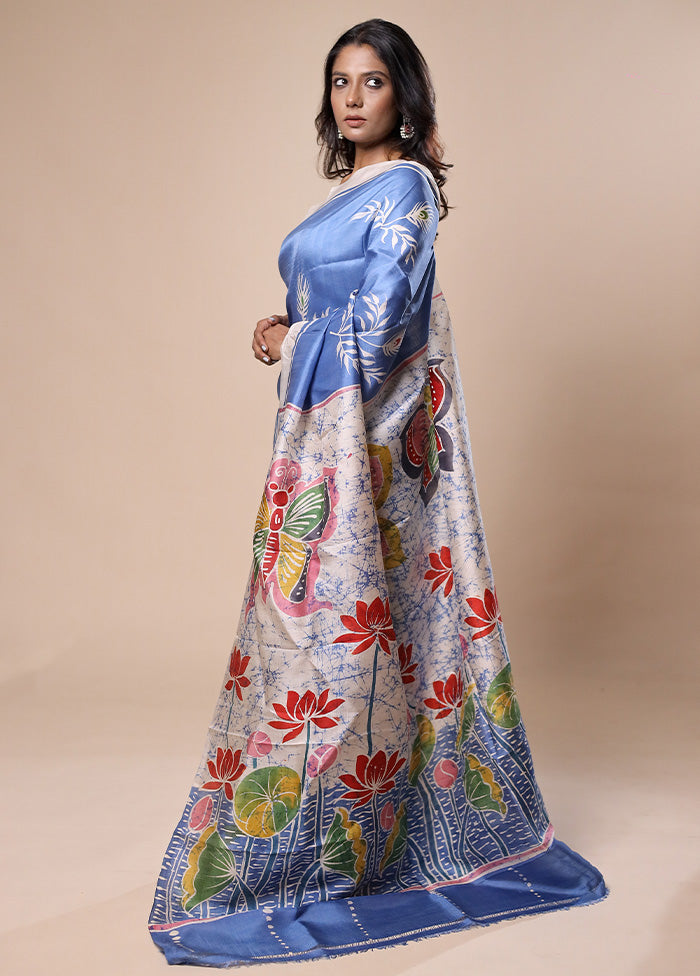 Blue Printed Pure Silk Saree Without Blouse Piece