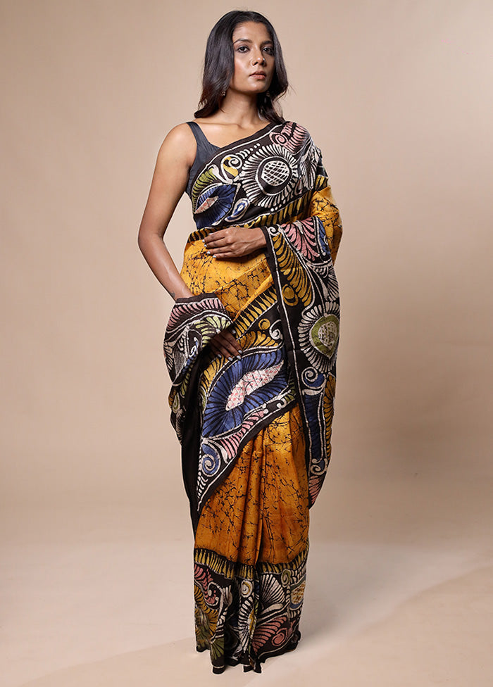 Yellow Printed Pure Silk Saree Without Blouse Piece