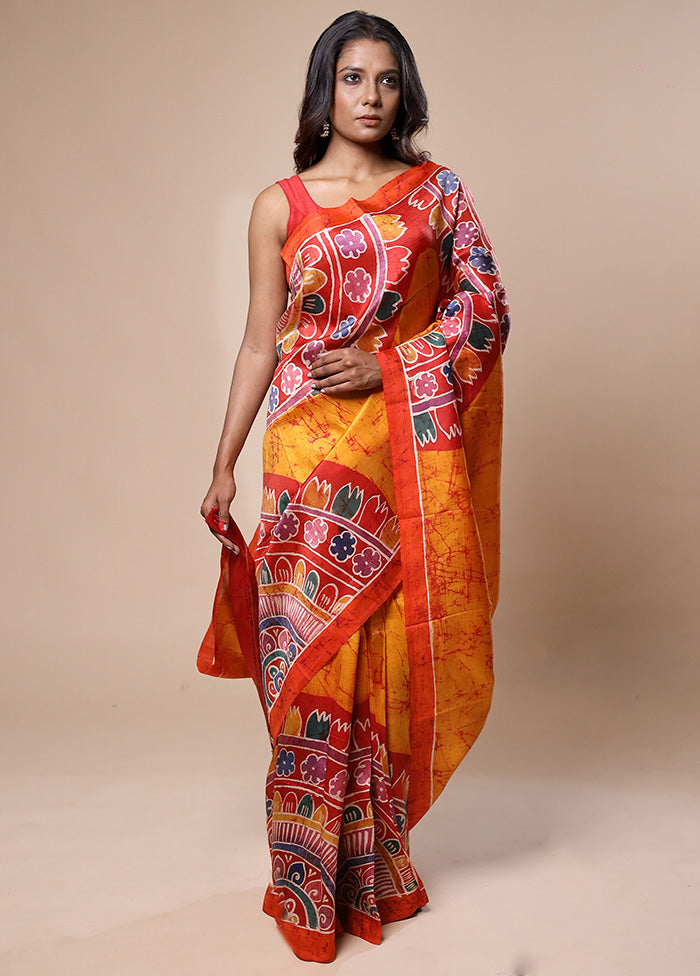 Yellow Printed Pure Silk Saree Without Blouse Piece