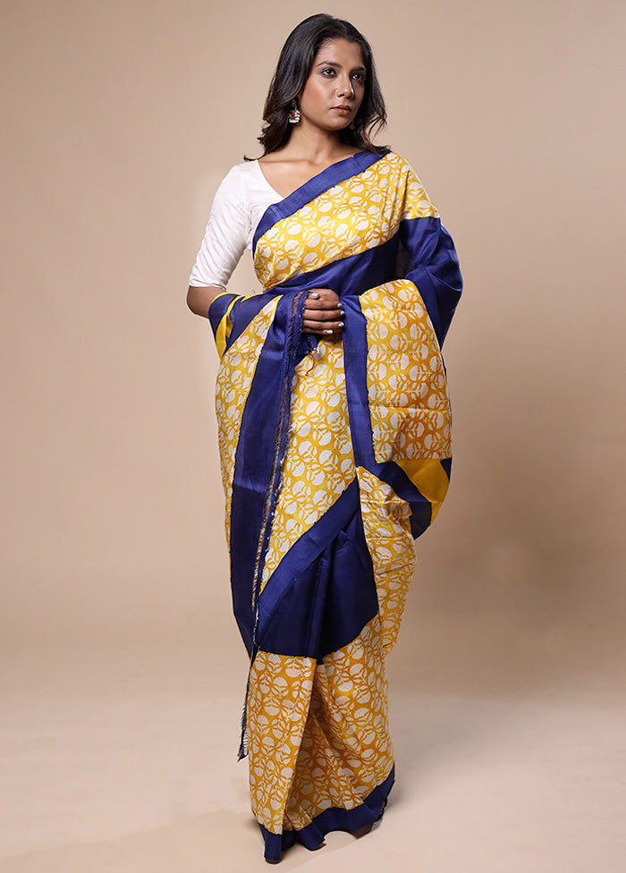 Blue Printed Pure Silk Saree Without Blouse Piece