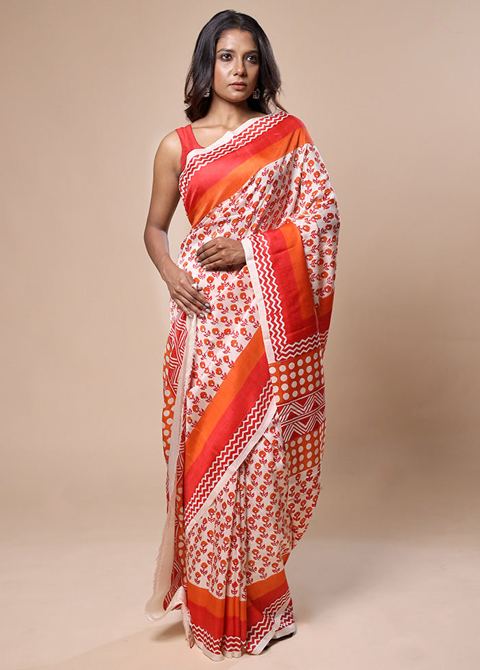 White Printed Pure Silk Saree Without Blouse Piece