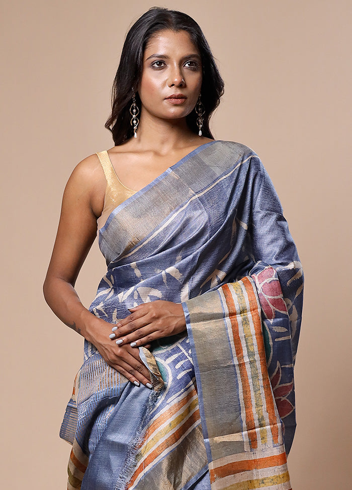 Blue Handloom Tussar Pure Silk Saree With Blouse Piece