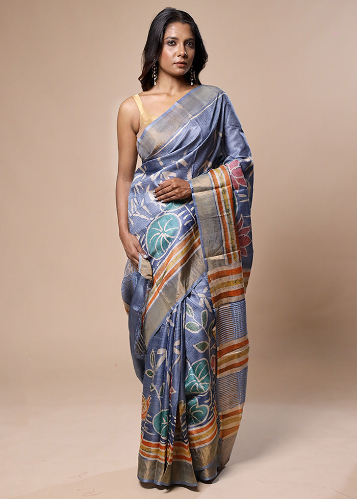 Blue Handloom Tussar Pure Silk Saree With Blouse Piece