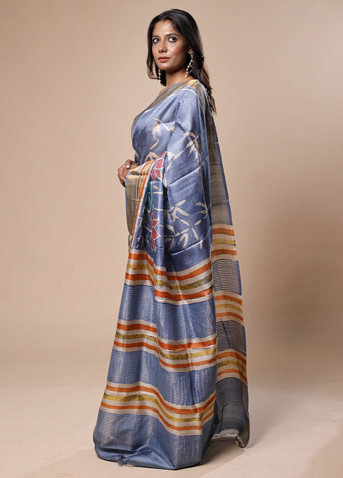 Blue Handloom Tussar Pure Silk Saree With Blouse Piece