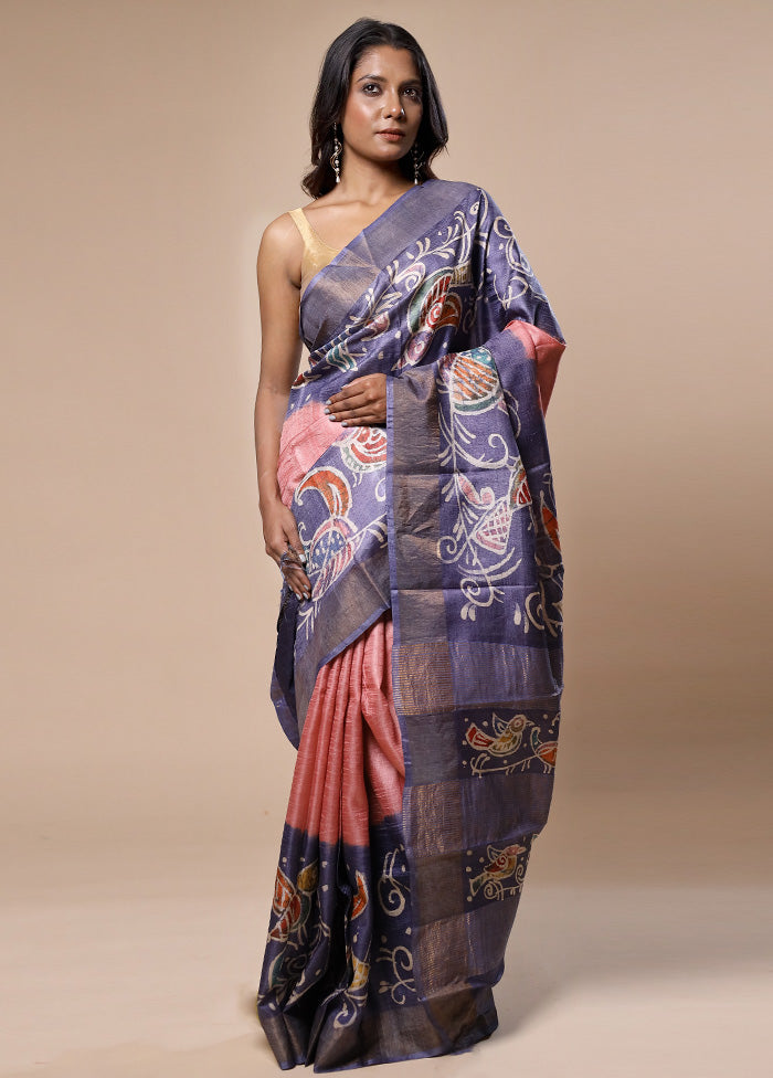 Blue Handloom Tussar Pure Silk Saree With Blouse Piece