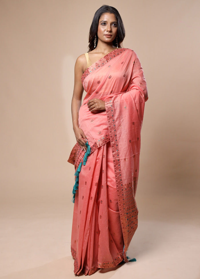 Pink Assam Silk Saree With Blouse Piece