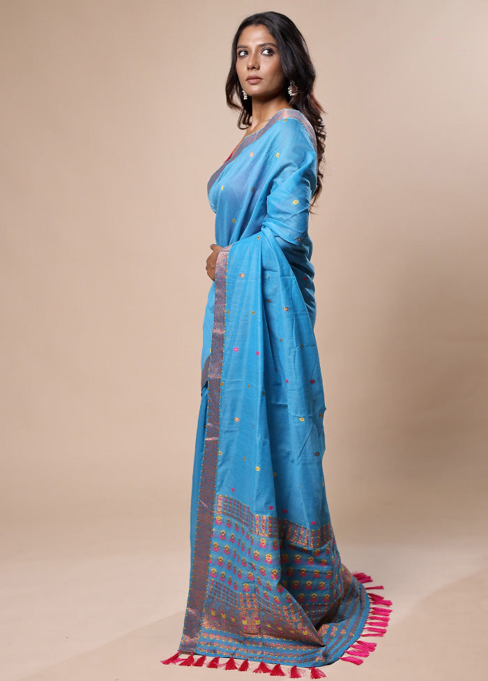 Blue Assam Silk Saree With Blouse Piece