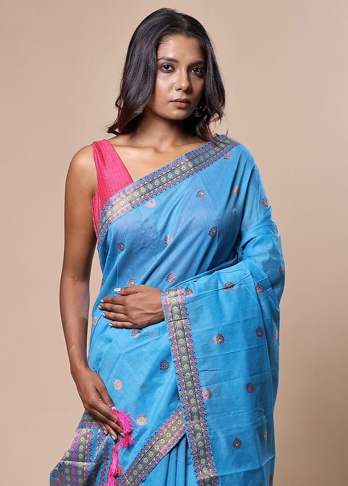 Blue Assam Silk Saree With Blouse Piece