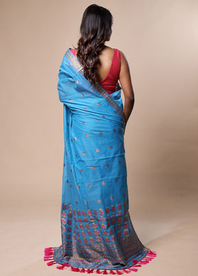 Blue Assam Silk Saree With Blouse Piece