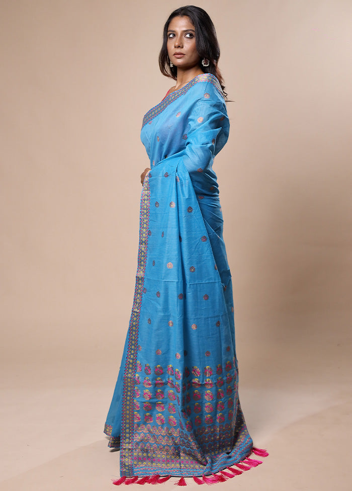 Blue Assam Silk Saree With Blouse Piece