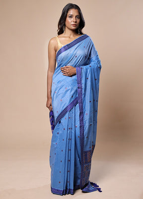 Blue Assam Silk Saree With Blouse Piece