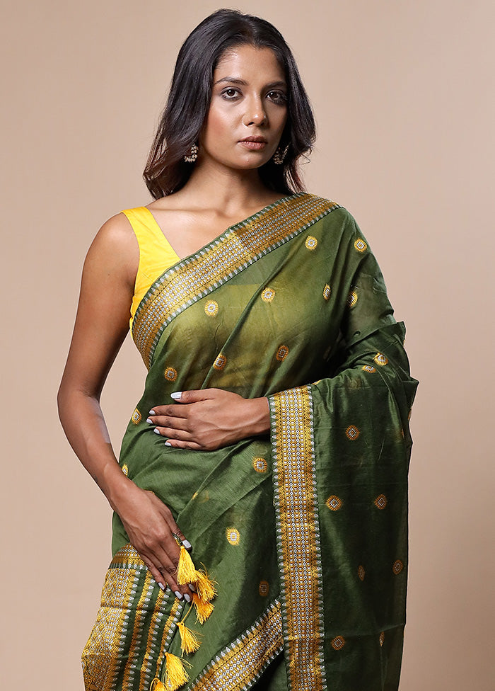 Green Assam Silk Saree With Blouse Piece