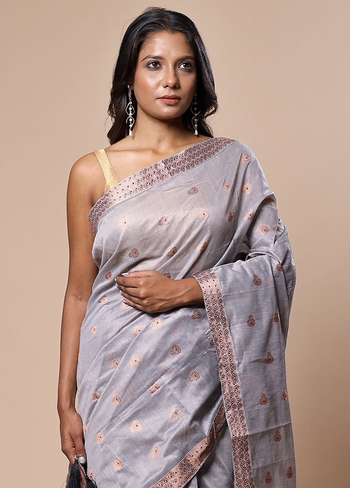 Grey Assam Silk Saree With Blouse Piece