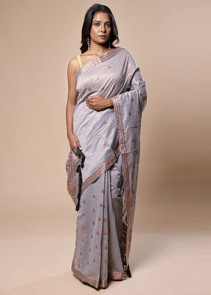 Grey Assam Silk Saree With Blouse Piece