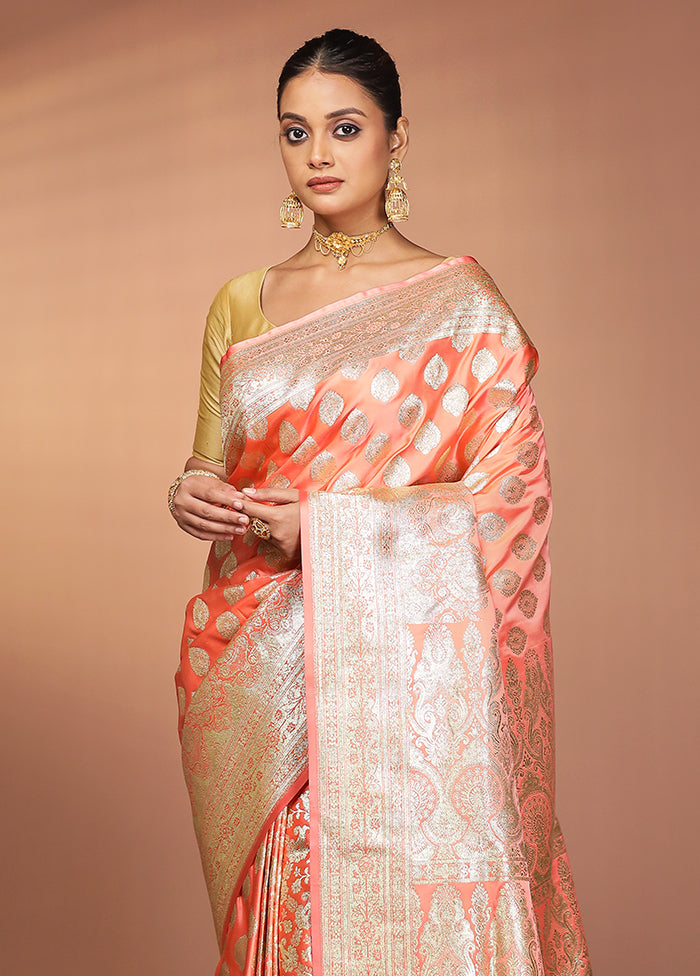 Peach Banarasi Silk Saree With Blouse Piece