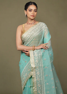 Green Organza Saree With Blouse Piece