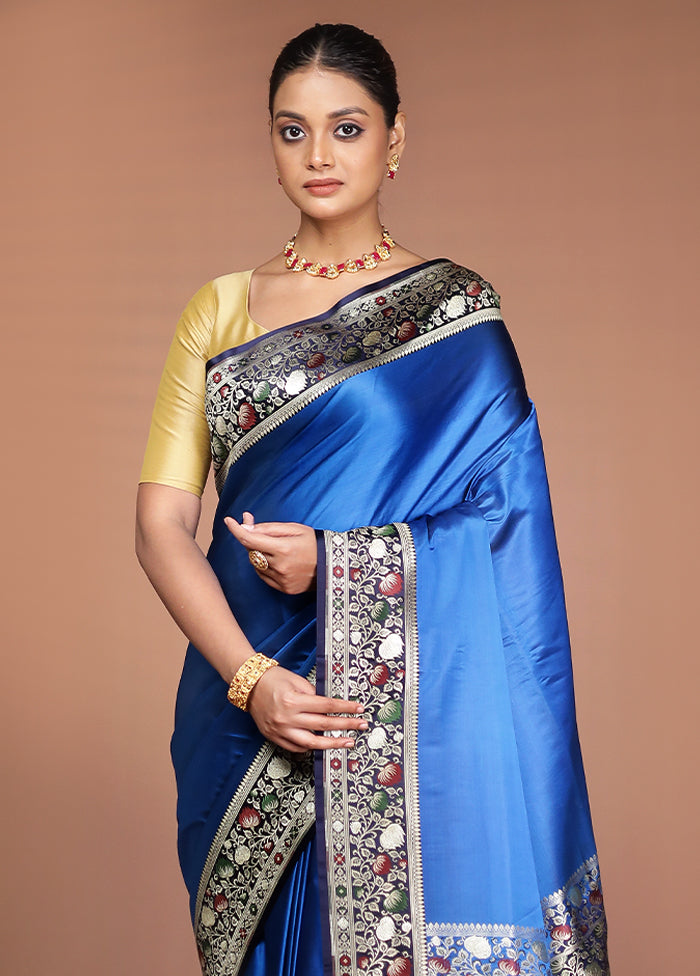 Blue Handloom Banarasi Pure Silk Saree With Blouse Piece