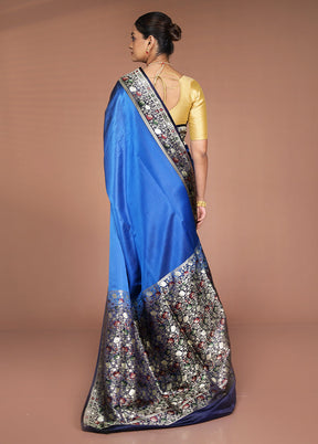 Blue Handloom Banarasi Pure Silk Saree With Blouse Piece