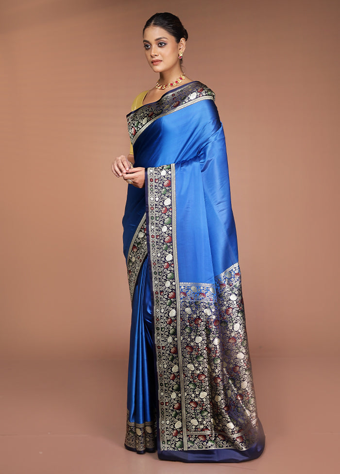 Blue Handloom Banarasi Pure Silk Saree With Blouse Piece