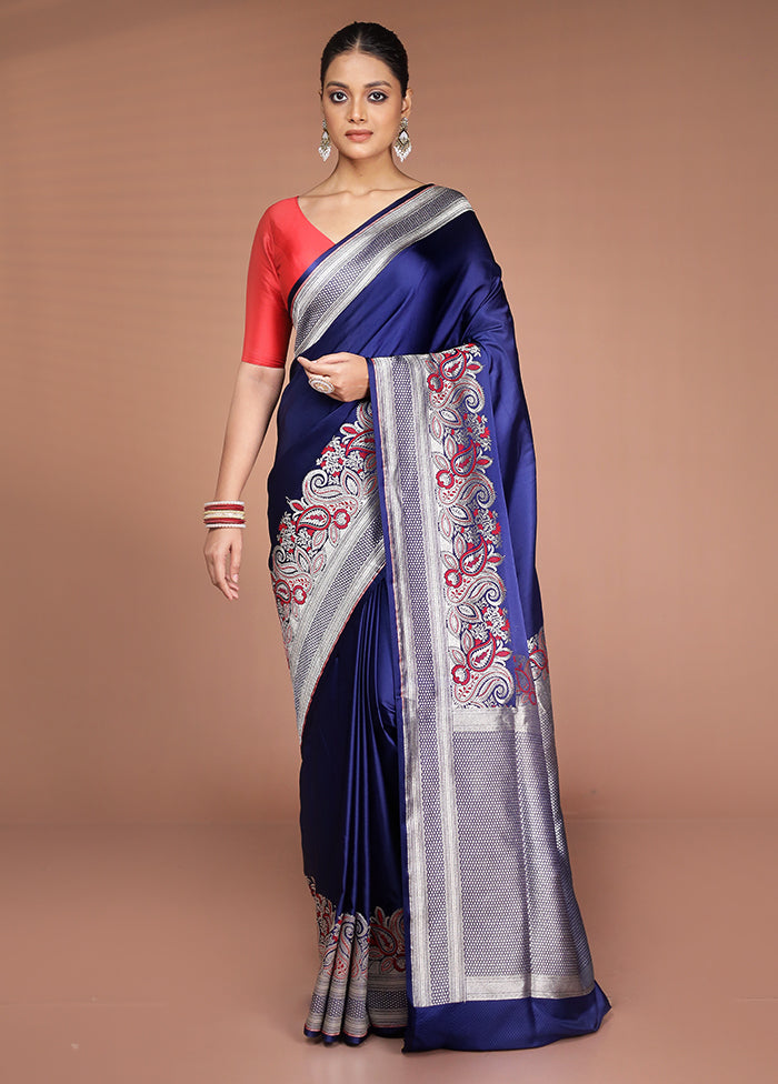 Blue Handloom Banarasi Pure Silk Saree With Blouse Piece