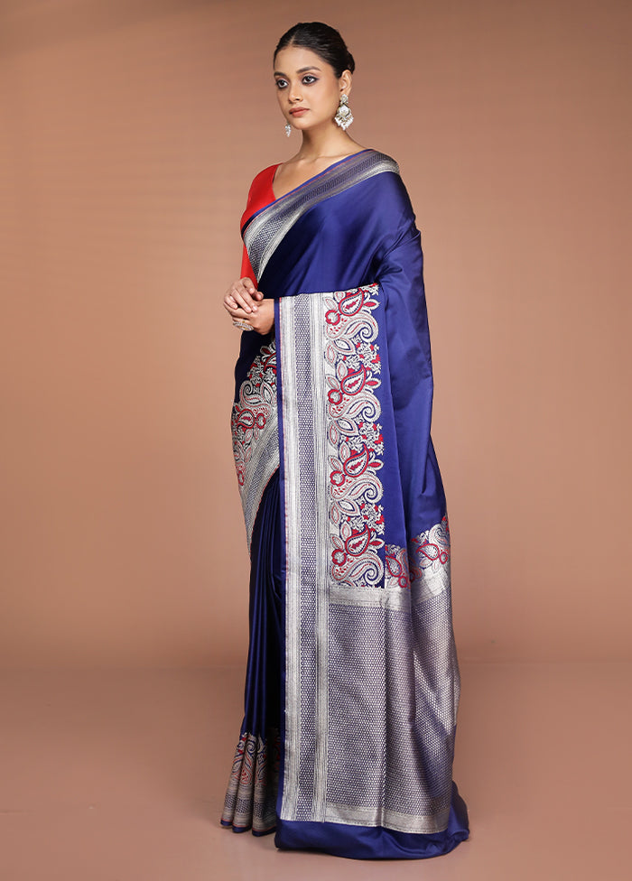 Blue Handloom Banarasi Pure Silk Saree With Blouse Piece