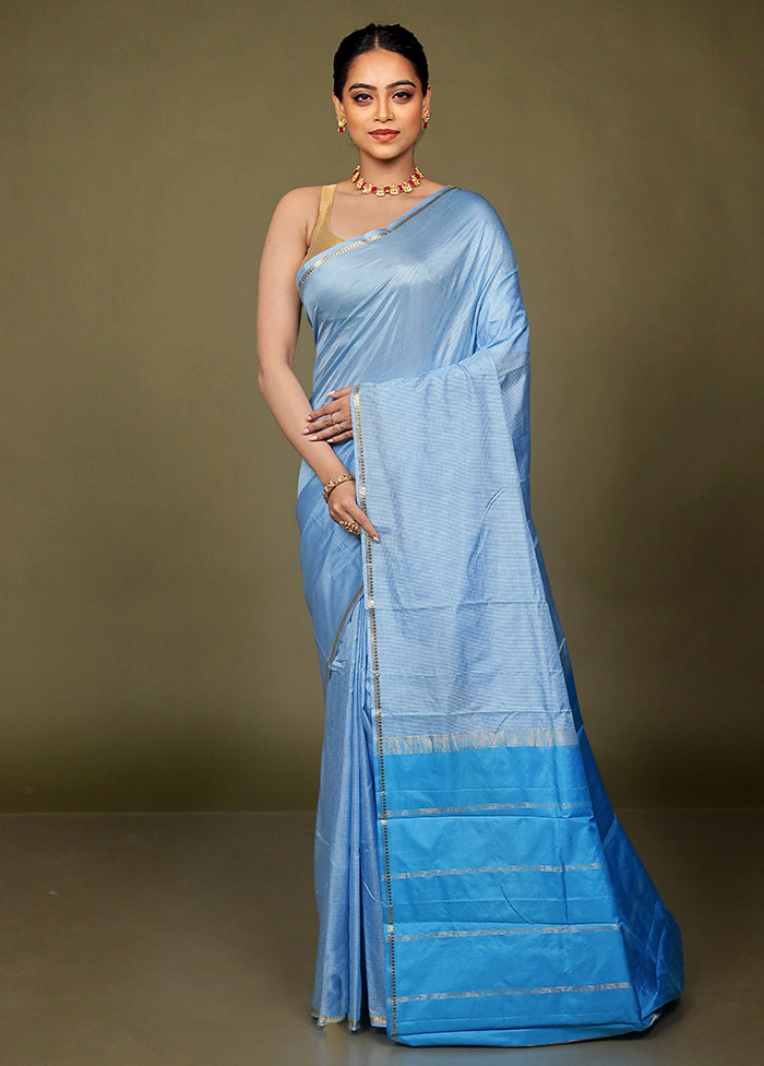 Blue Handloom Kanjivaram Pure Silk Saree With Blouse Piece