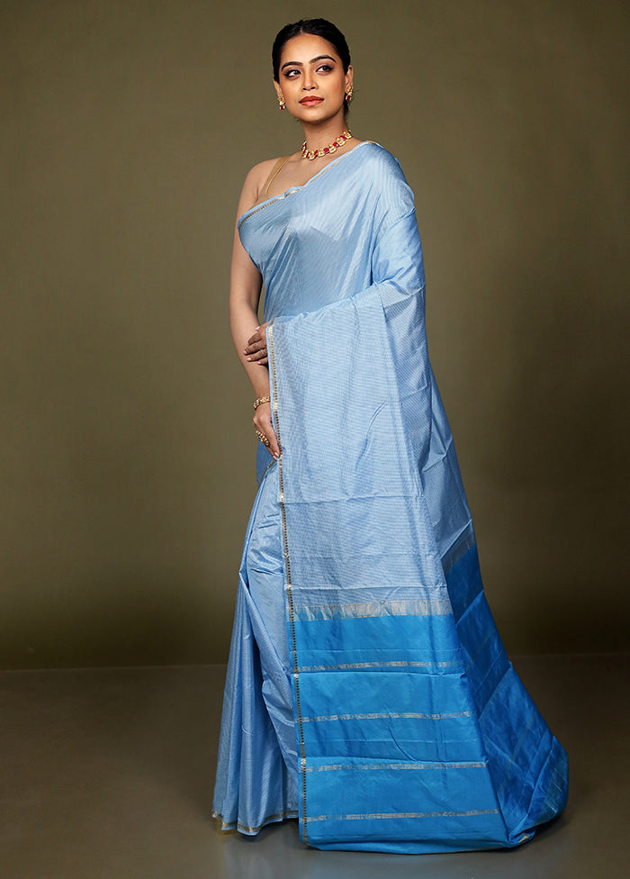 Blue Handloom Kanjivaram Pure Silk Saree With Blouse Piece