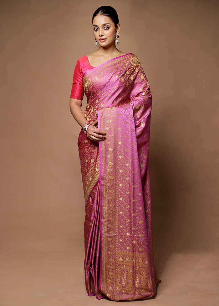 Pink Handloom Tanchoi Pure Silk Saree With Blouse Piece