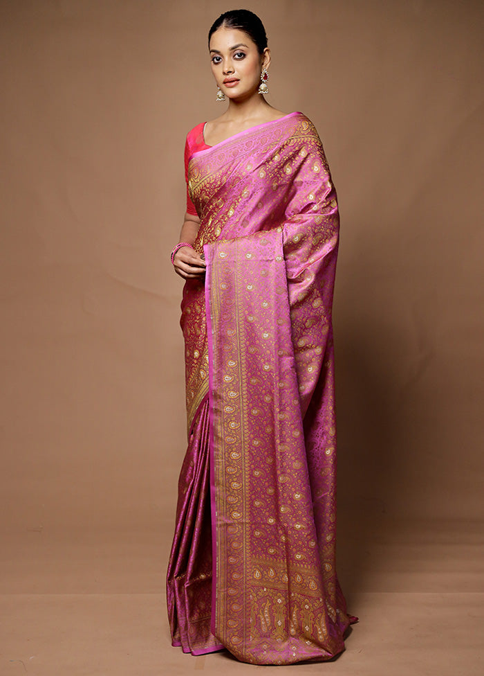 Pink Handloom Tanchoi Pure Silk Saree With Blouse Piece