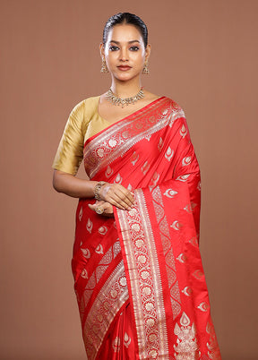 Red Banarasi Silk Saree With Blouse Piece