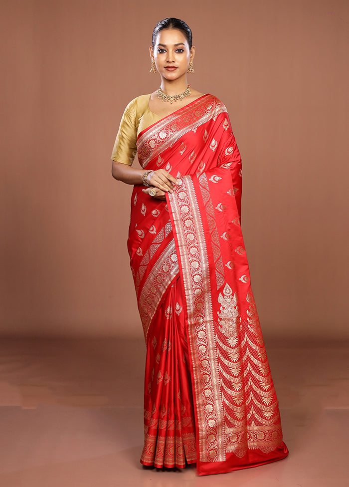 Red Banarasi Silk Saree With Blouse Piece