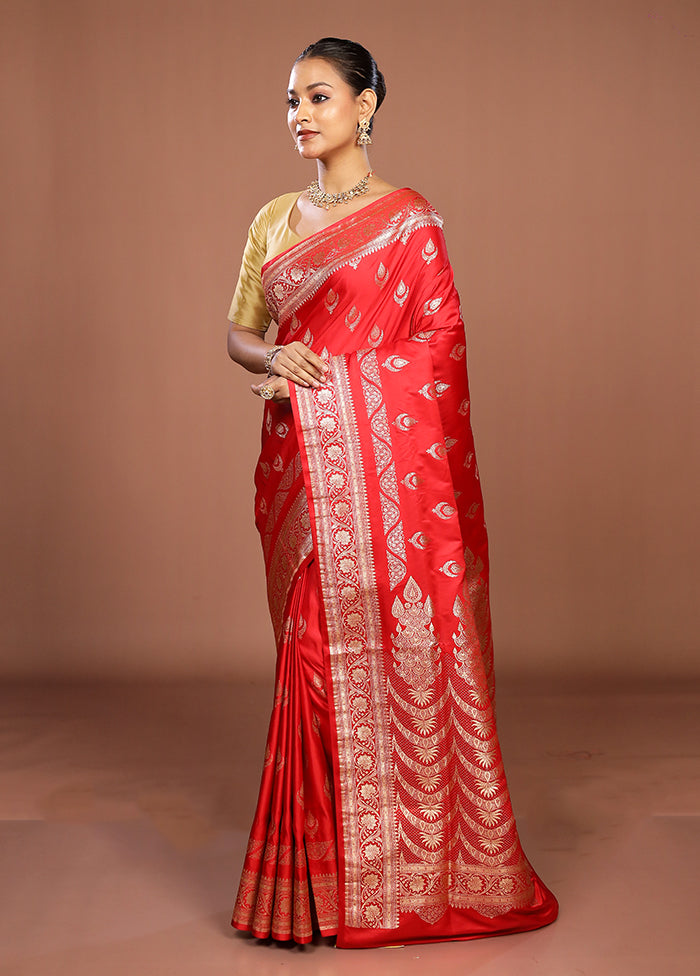 Red Banarasi Silk Saree With Blouse Piece