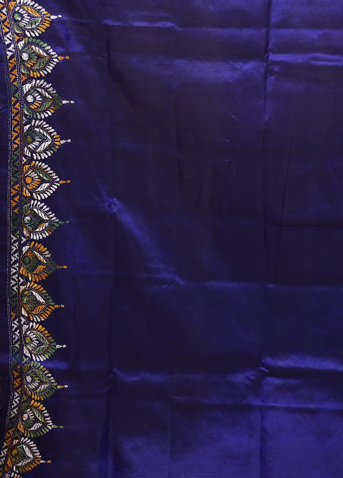 Blue Handloom Kantha Stitch Pure Silk Saree With Blouse Piece